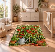 Tomato Garden Rug in a nursery beside a crib and dresser