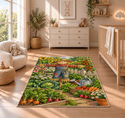 Scarecrow Garden Rug in a nursery beside a crib and dresser