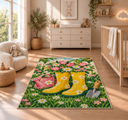 Rain Boots Flower Rug in a nursery beside a crib and dresser
