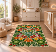 Vegetable Mandala Rug in a nursery beside a crib and dresser