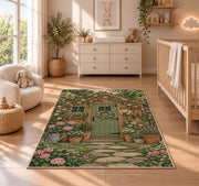 Garden Shed Rug in a nursery beside a crib and dresser