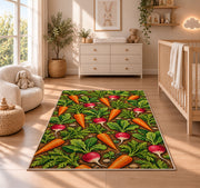 Carrot and Radish Rug in a nursery beside a crib and dresser