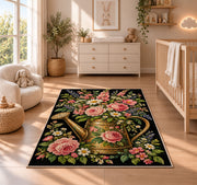 Watering Can Floral Rug in a nursery beside a crib and dresser