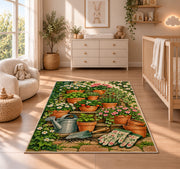 Terracotta Pots Rug in a nursery beside a crib and dresser