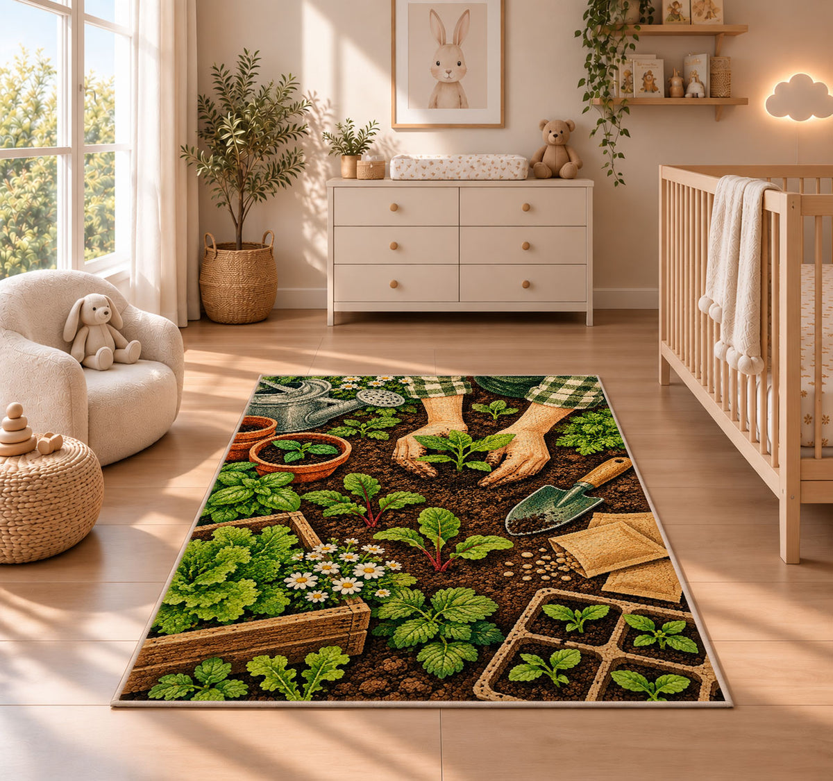 Planting Seedlings Rug in a nursery beside a crib and dresser