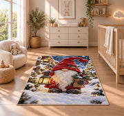winter gnome with lantern rug in a nursery beside a crib and dresser