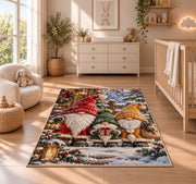 family of three gnomes rug in a nursery beside a crib and dresser
