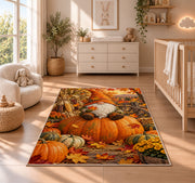 autumn gnome with pumpkins rug in a nursery beside a crib and dresser