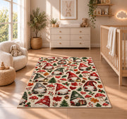 gnome pattern with hearts and mushrooms rug in a nursery beside a crib and dresser