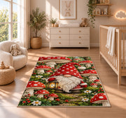 gnome in a mushroom garden rug in a nursery beside a crib and dresser