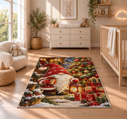 gnome by a decorated Christmas tree rug in a nursery beside a crib and dresser