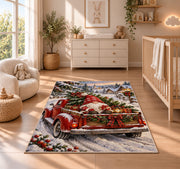 gnome riding in a red truck rug in a nursery beside a crib and dresser