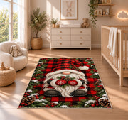 gnome on buffalo plaid rug in a nursery beside a crib and dresser