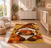 Thanksgiving harvest gnome rug in a nursery beside a crib and dresser