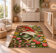 gnome watering tulips rug in a nursery beside a crib and dresser