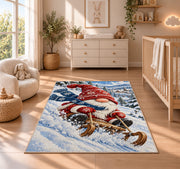 gnome sledding down a snowy hill rug in a nursery beside a crib and dresser