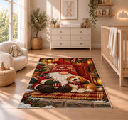 gnome and puppy on the porch rug in a nursery beside a crib and dresser
