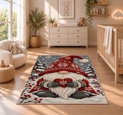 Nordic gnome holding a heart rug in a nursery beside a crib and dresser