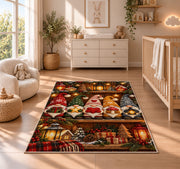 row of gnomes on a shelf rug in a nursery beside a crib and dresser