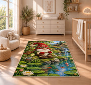 gnome fishing at a pond rug in a nursery beside a crib and dresser