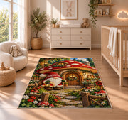 gnome at a mushroom house rug in a nursery beside a crib and dresser