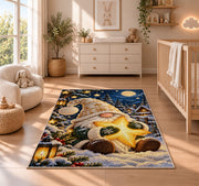 gnome hugging a golden star rug in a nursery beside a crib and dresser