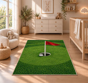 Golf hole and flag rug in a nursery beside a crib and dresser
