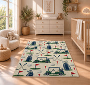 Golf icons pattern rug in a nursery beside a crib and dresser