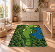 Golf course map rug in a nursery beside a crib and dresser