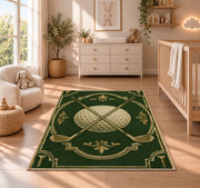 Crossed clubs emblem rug in a nursery beside a crib and dresser