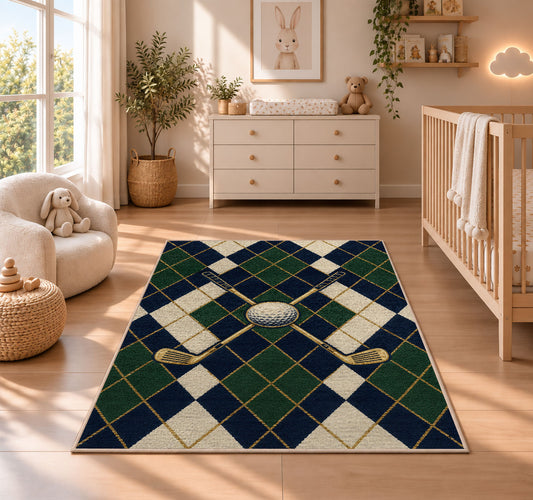 Golf argyle rug in a nursery beside a crib and dresser
