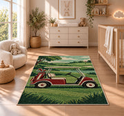 Retro golf cart rug in a nursery beside a crib and dresser