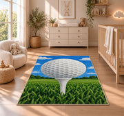 Golf ball on tee rug in a nursery beside a crib and dresser