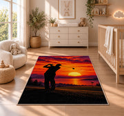 Golfer sunset rug in a nursery beside a crib and dresser