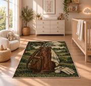 Leather golf bag rug in a nursery beside a crib and dresser