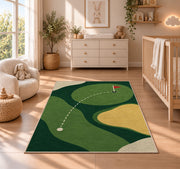 Minimal golf green rug in a nursery beside a crib and dresser