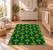 Golf flags pattern rug in a nursery beside a crib and dresser