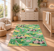 Kids golf rug in a nursery beside a crib and dresser