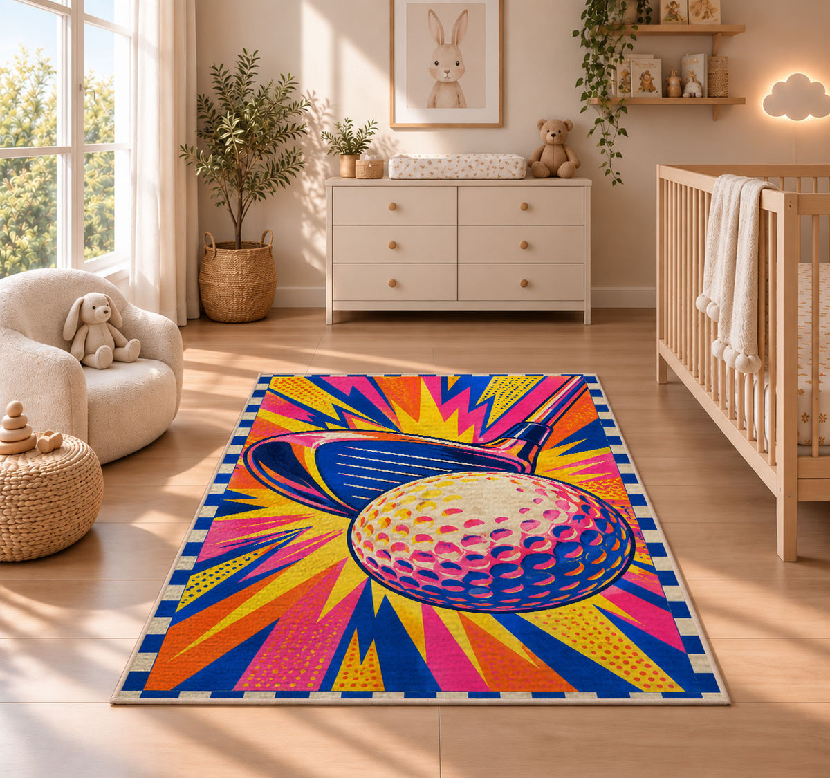 Pop art golf rug in a nursery beside a crib and dresser