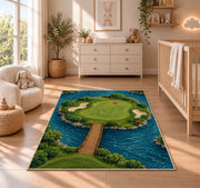 Island green rug in a nursery beside a crib and dresser
