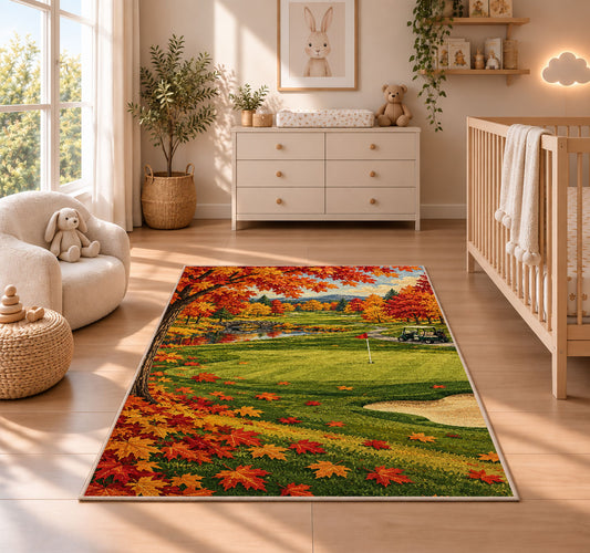 Autumn golf course rug in a nursery beside a crib and dresser