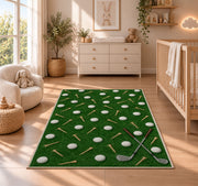 Golf balls and tees rug in a nursery beside a crib and dresser