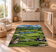 Mountain golf course rug in a nursery beside a crib and dresser