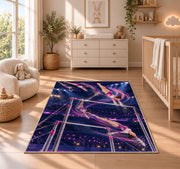 Uneven Bars Gymnastics Rug in a nursery beside a crib and dresser