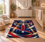 Gymnastics Still Rings Rug in a nursery beside a crib and dresser