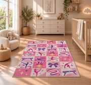 Pink Checkered Gymnastics Rug in a nursery beside a crib and dresser