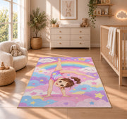 Cute Little Gymnast Rug in a nursery beside a crib and dresser