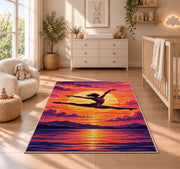 Gymnast Sunset Leap Rug in a nursery beside a crib and dresser
