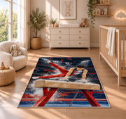 Pommel Horse Gymnastics Rug in a nursery beside a crib and dresser