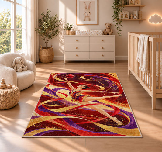 Rhythmic Gymnastics Ball Rug in a nursery beside a crib and dresser